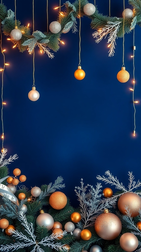 Navy Blue Christmas Background Recipe Navy blue Christmas background with gold and silver decorations, illuminated by white lights.